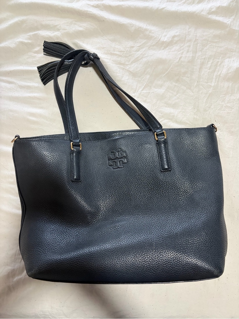 Tory Burch Navy Pebbled Leather Tote with Tassel